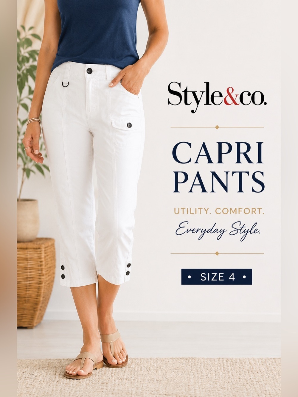 Style & Co White Capri Cargo Pants | Utility Crop Pants | Size 4